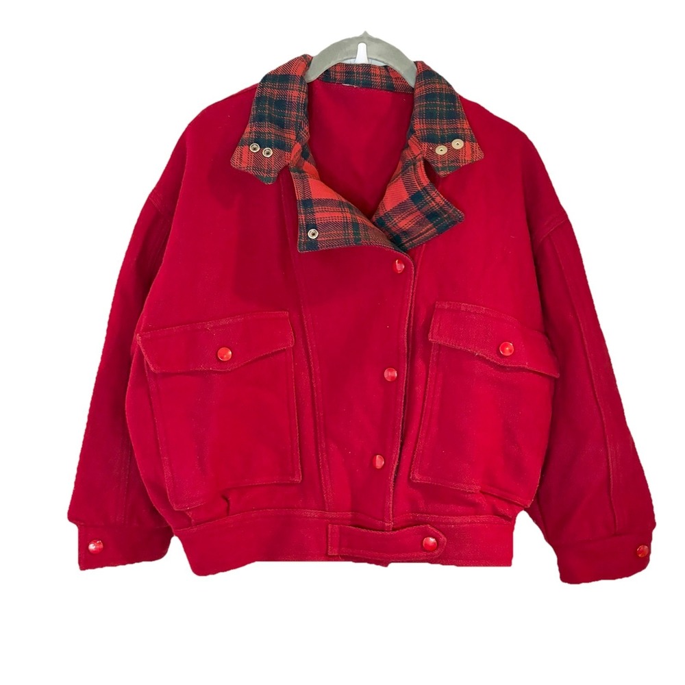 Vintage Womens 80s Wool Bomber Jacket Coat Button Cropped Red Rocker Core Plaid
